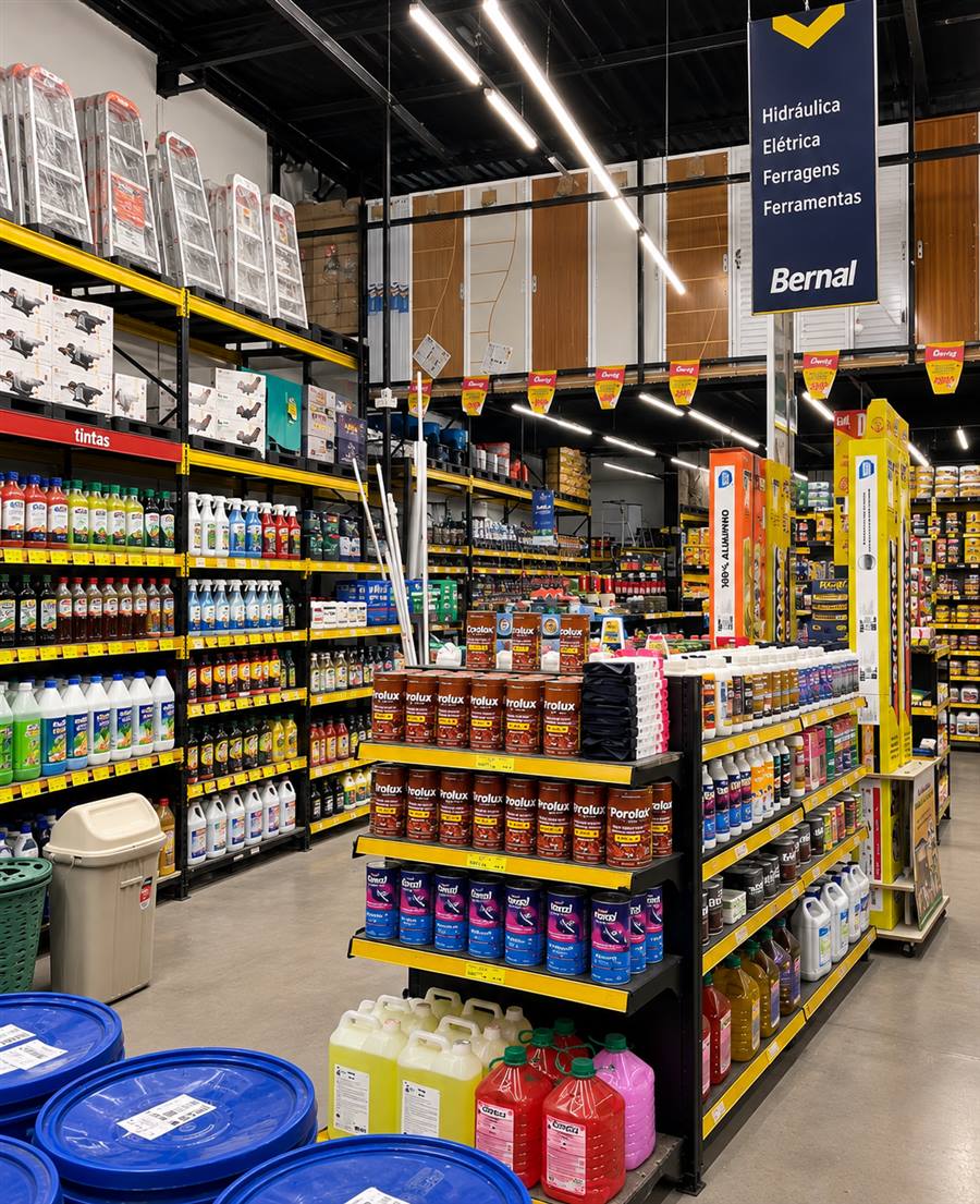 Corredor da loja Bernal com sinalização de categorias de produtos